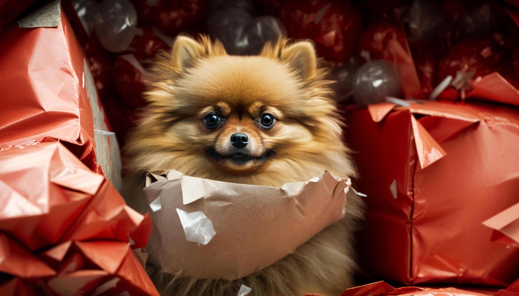 Cute Pomeranian dog surrounded by crumpled gift wrapping paper photo