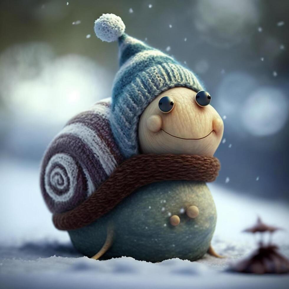 A funny happy Christmas snail in the snow photo