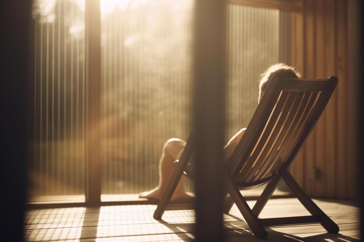 relajante en un de madera terraza persona en salón silla a spa ai generado foto