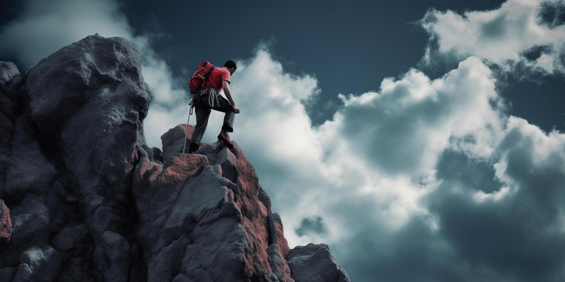 escalada el majestuoso alturas un escalador aventuras en medio de imponente nubes y montañas ai generado foto