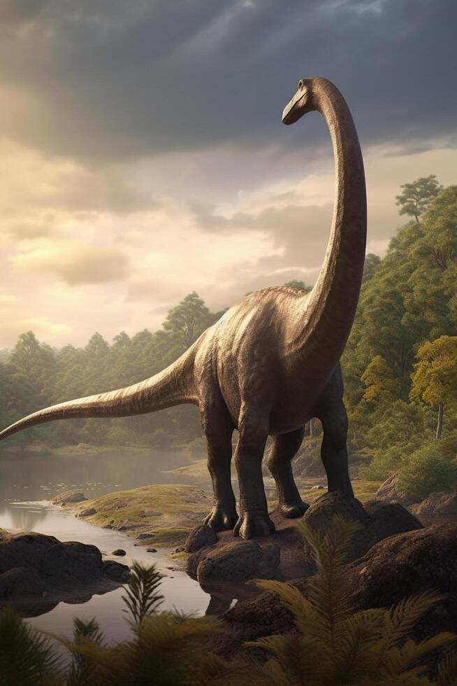 Majestic Giants of the Prehistoric World A Realistic Illustration Showcasing the Brachiosaurus in an Enchanting Prehistoric Landscape photo