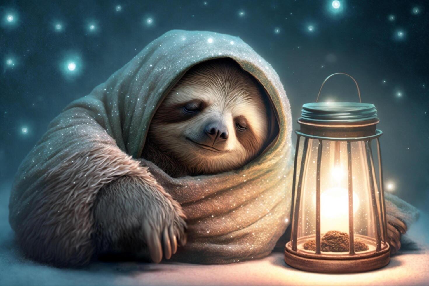 happy and tired sloth peacefully sleeps evening next to a lantern photo