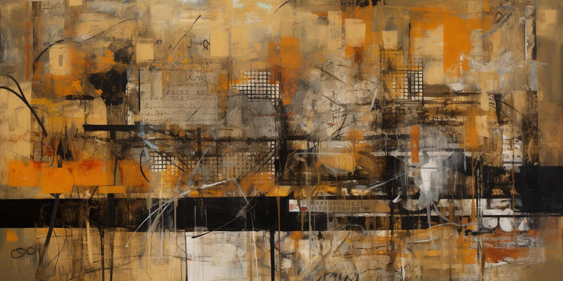 Industrial Opus A Captivating Fusion of Collages and Paint in Large Canvas Paintings with Orange and Sepia Hues photo