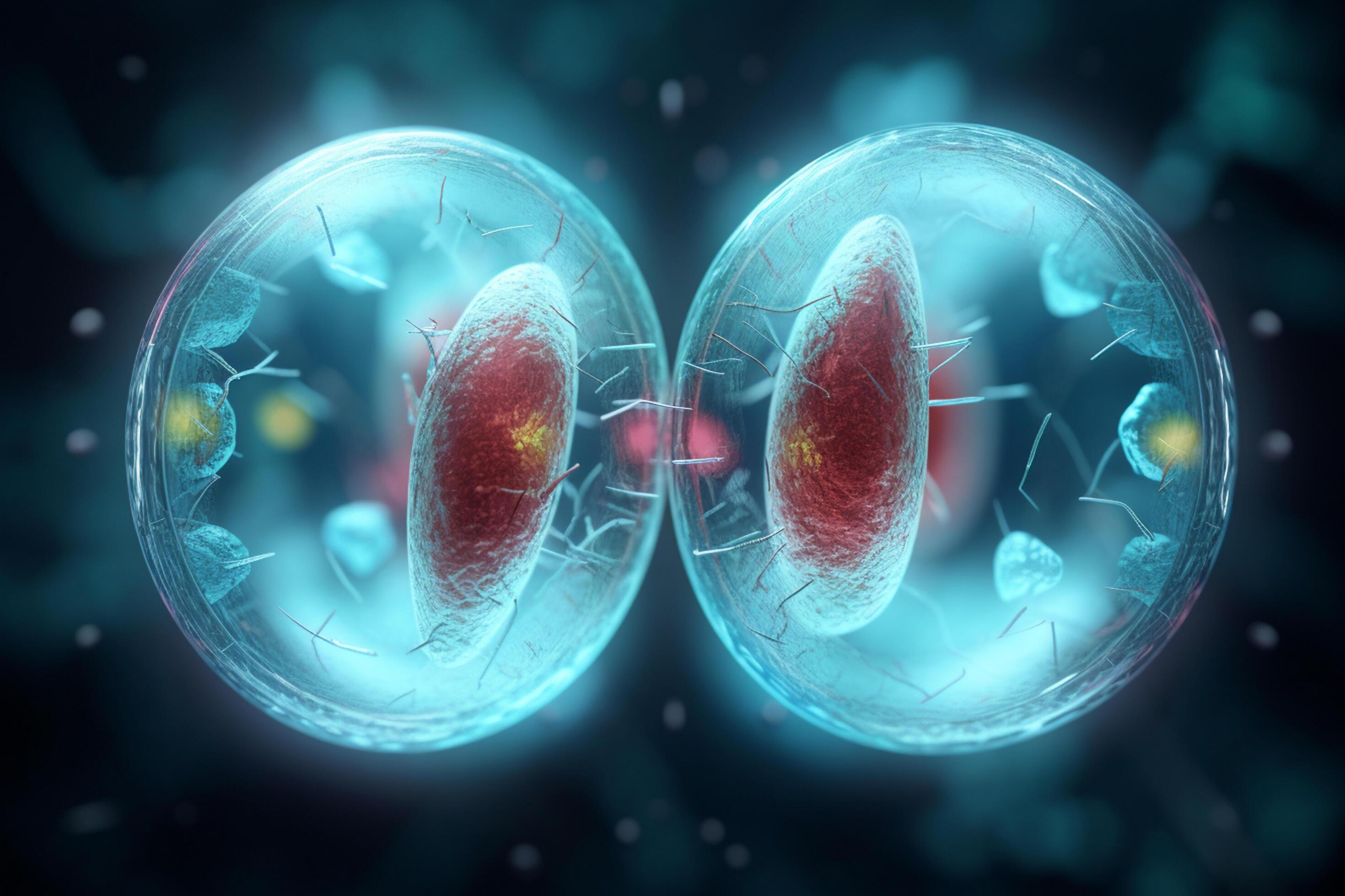 Colorful 3D illustration of microscopic cell division