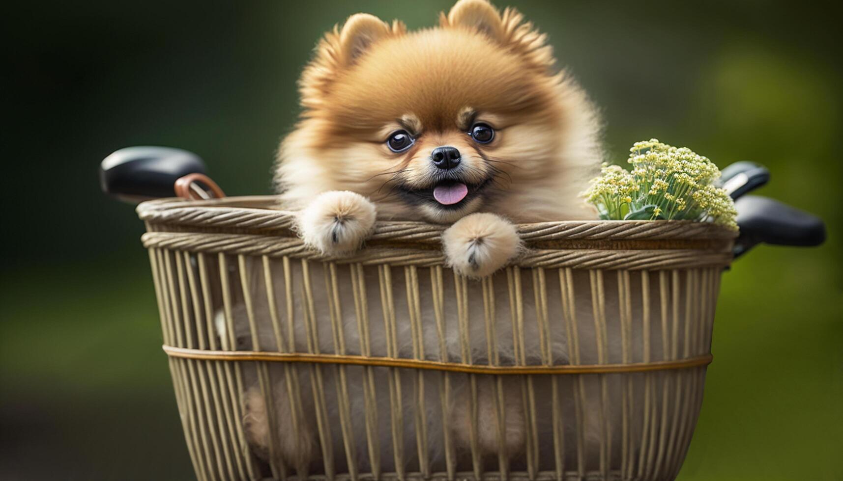 pomeranio cachorro en el Vamos disfrutando el paisaje en un bicicleta cesta ai generado foto