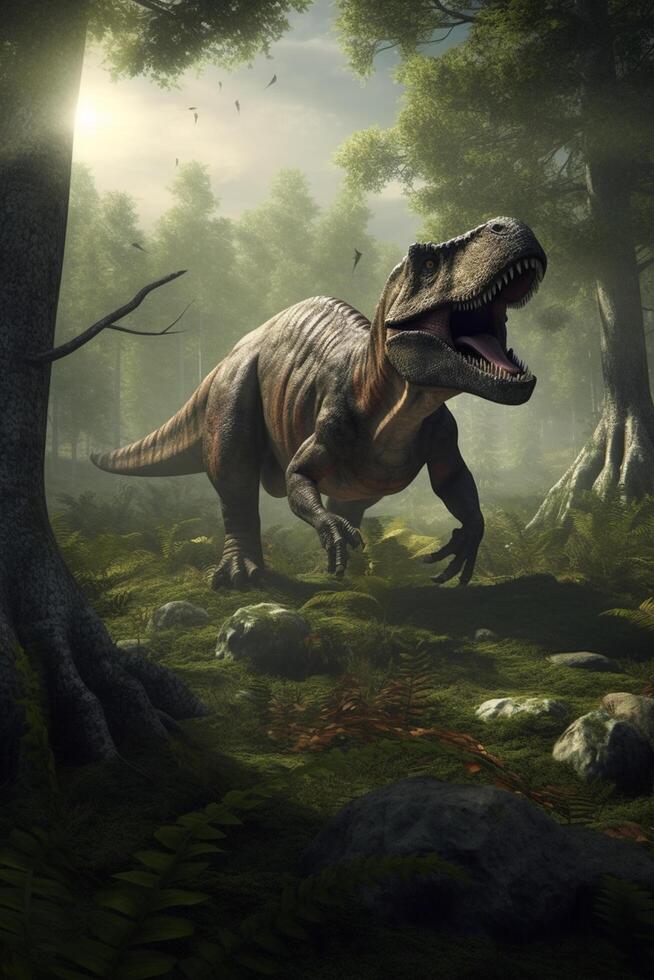 King of the Prehistoric Realm Realistic Illustration of Tyrannosaurus Rex in its Ancient Habitat photo