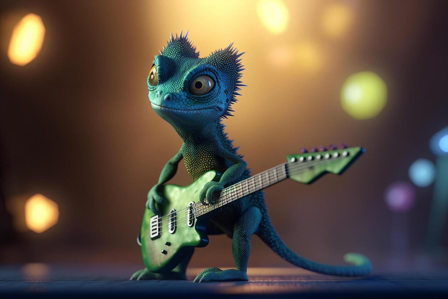 The Rockin' Chameleon A Funny Photorealistic Cartoon with a Guitar as a Rock Star photo