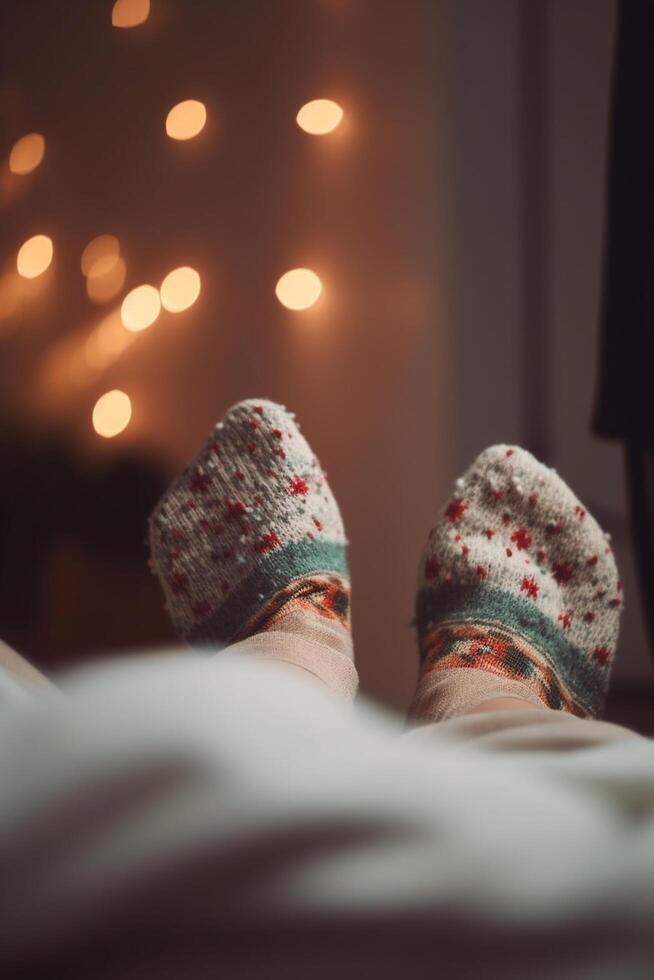 íntimo de cerca de un mujer calcetines en un cama ai generado foto
