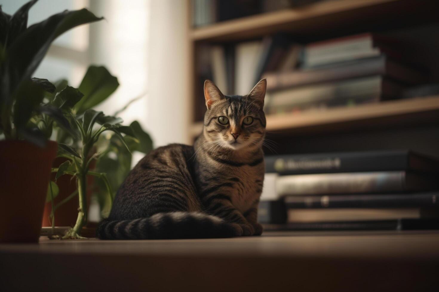 Sophisticated Feline A Cat in a Modern Apartment Surrounded by Books photo