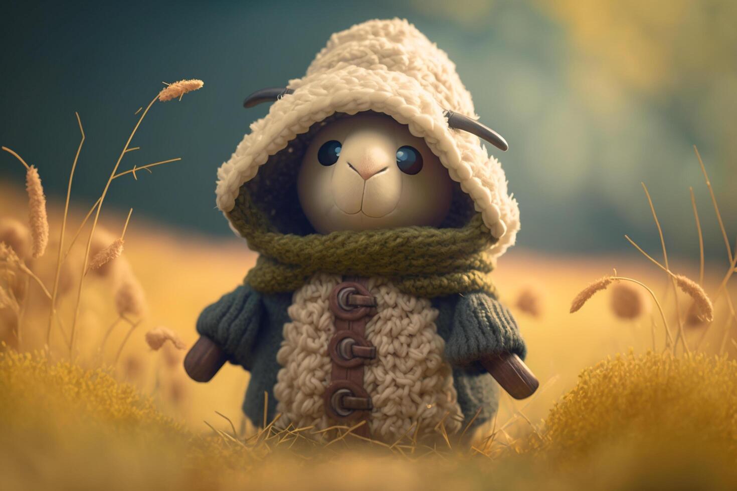 Fluffy adventurers Cute little sheep in their woolen coats exploring the golden meadow photo