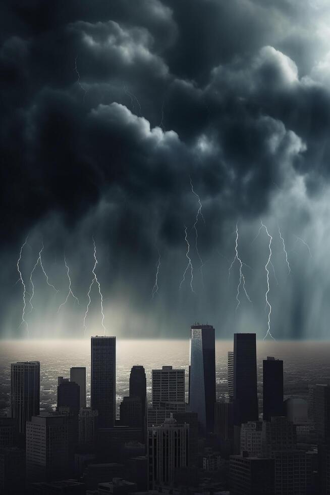 Financial Storm City Skyline during Bank Run with Thunder and Lightning ...