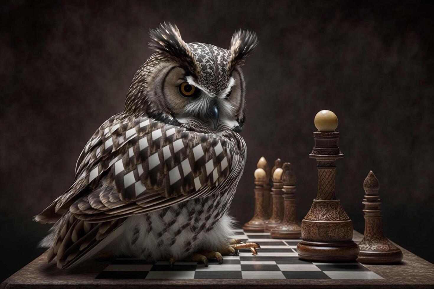 sly serious owl thinks and plays chess photo
