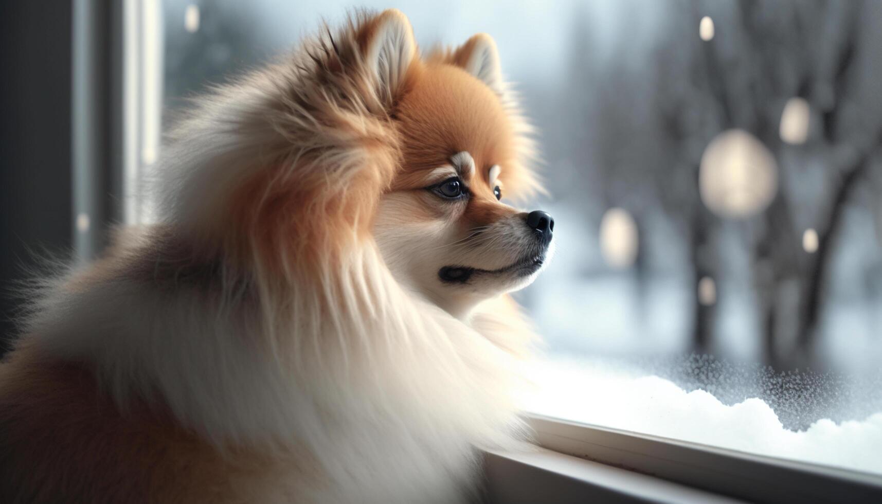 Winter wonderland Pomeranian pup gazing out a snow-covered window photo