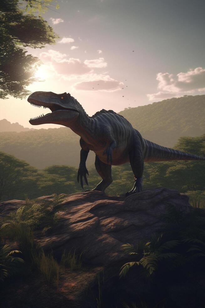 itinerancia el antiguo tierras un realista ilustración exhibiendo el poderoso allosaurus en un prehistórico paisaje ai generado foto