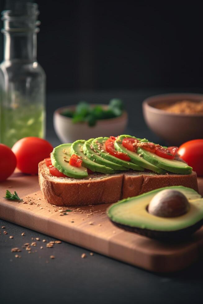 aguacate y tomate brindis con Fresco hierbas y especias ai generado foto