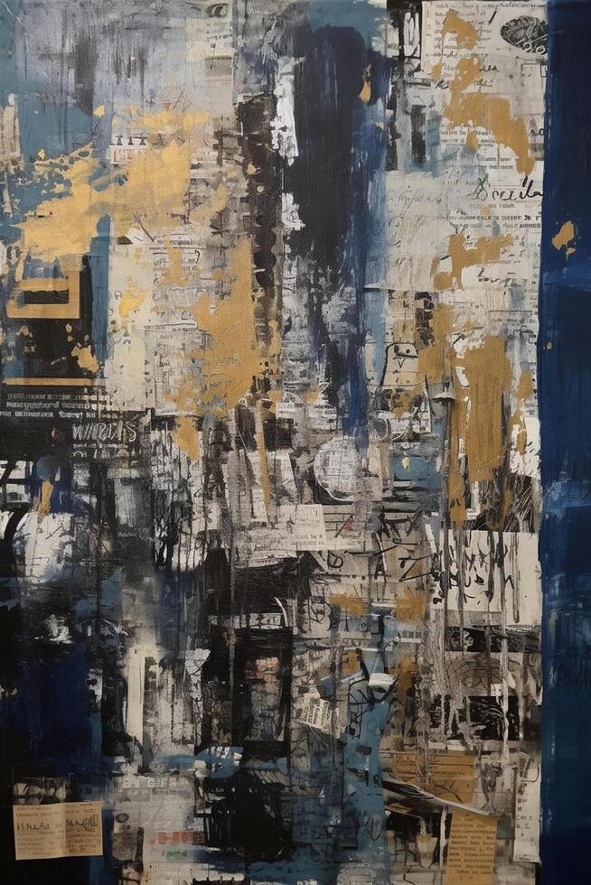 Industrial Fusion A Captivating Large Canvas Painting with Collages, Paint, and Blue-Sepia Hues photo