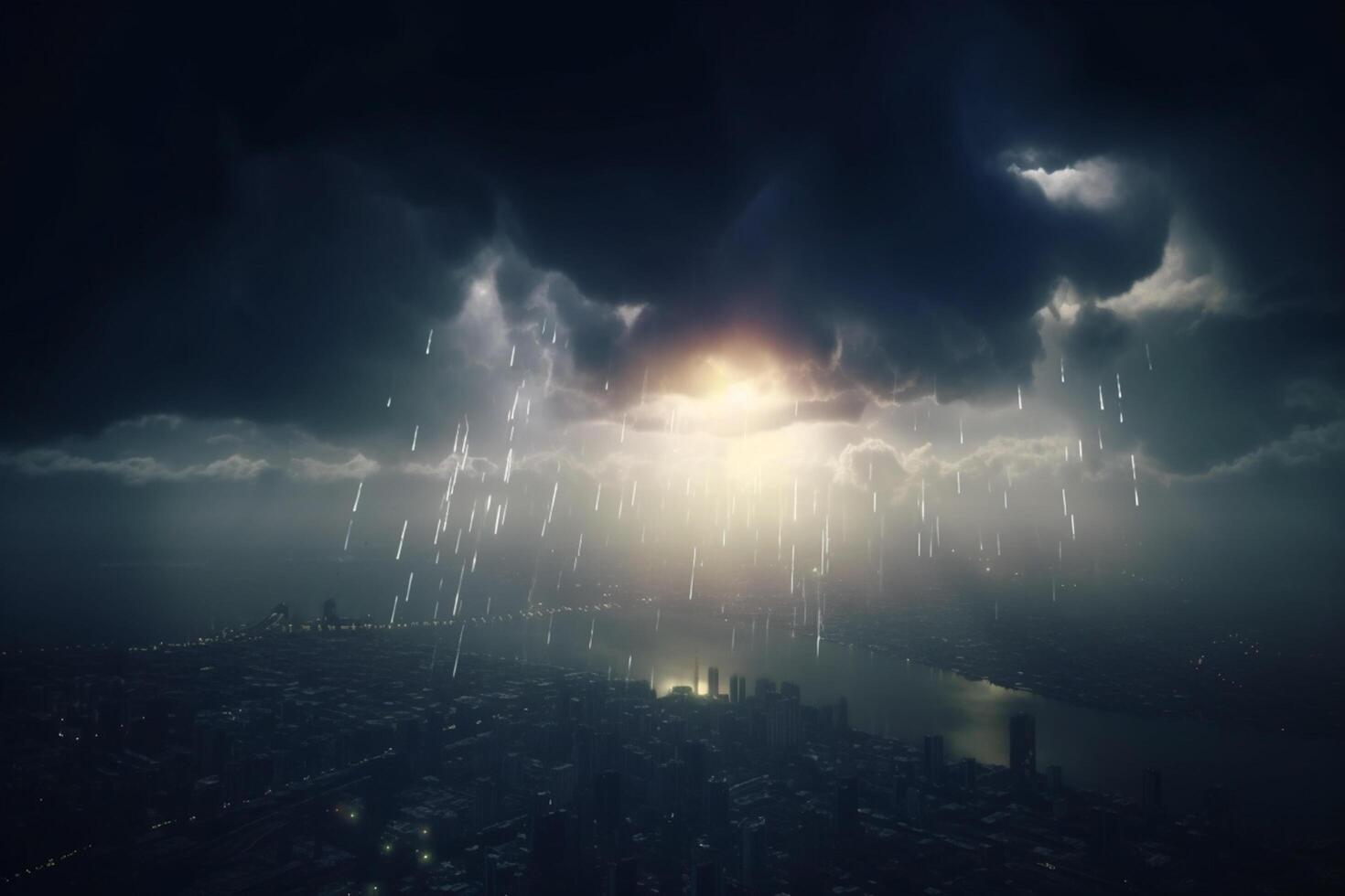 Stormy Skies over the City Aerial View of Thunderstorm and Lightning photo