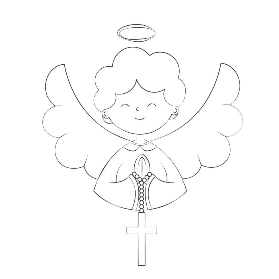 linda chico ángel en festivo atuendo con doblada manos en el cofre para oración y un cruzar colgando en el doblada manos ilustración es hecho en un garabatear estilo vector