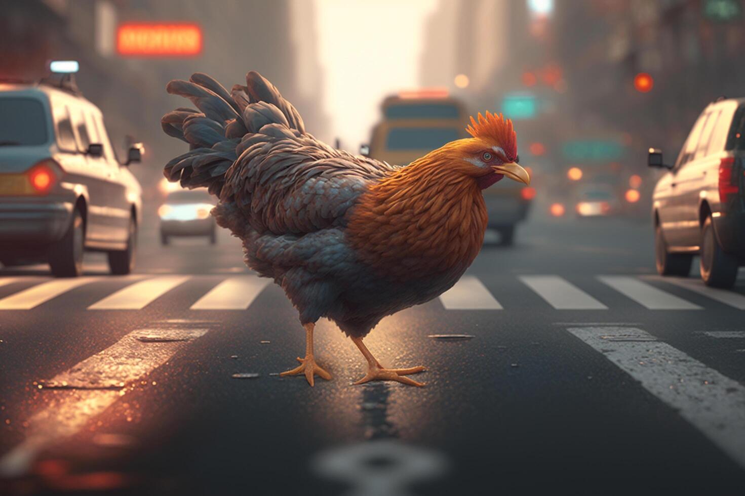 el valiente pollo cruce el ocupado ciudad calle en medio de el brillante luces y carros ai generado foto