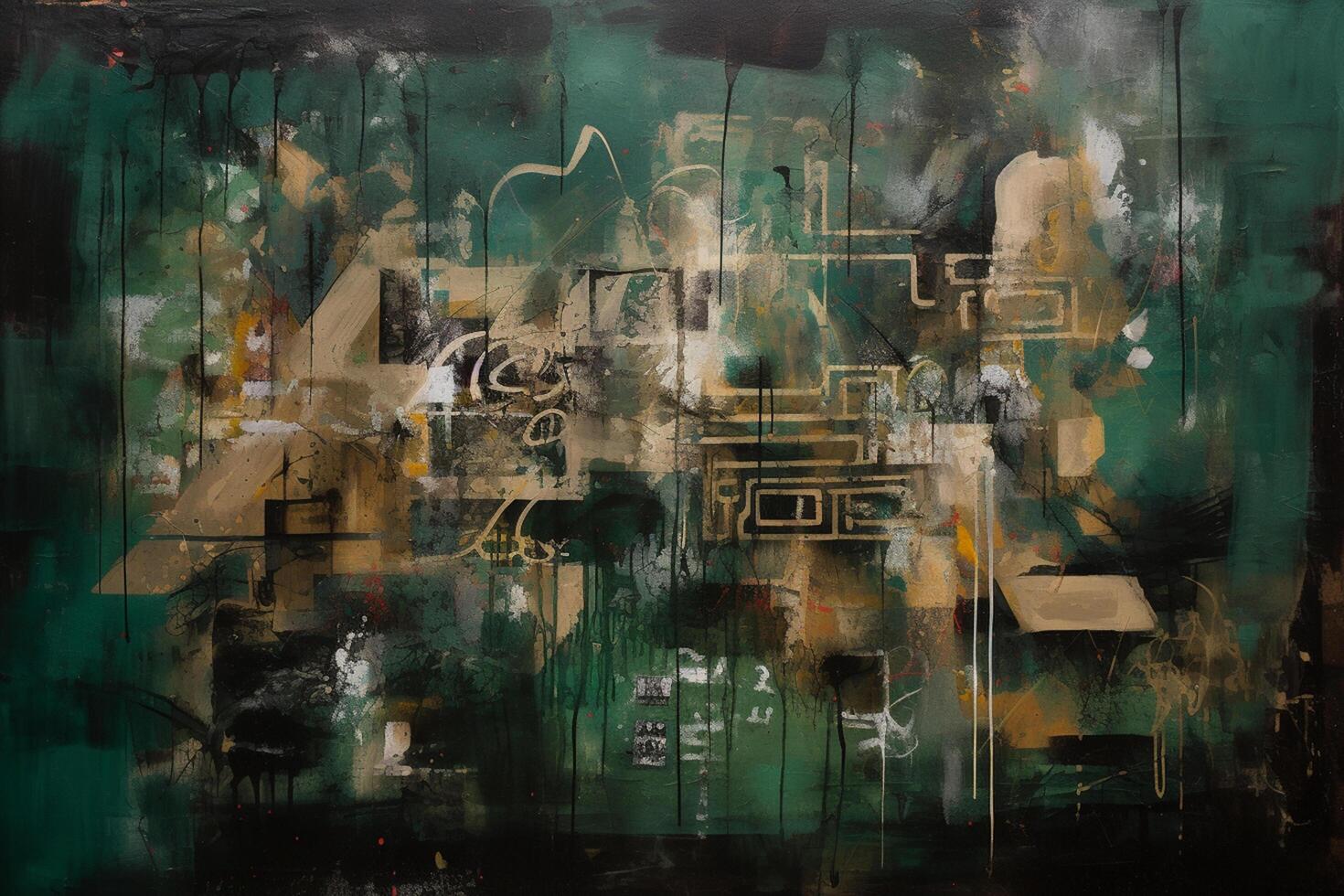 Industrial Elegance A Captivating Fusion of Collages, Paint, and Green-Sepia Palette on a Grand Canvas photo
