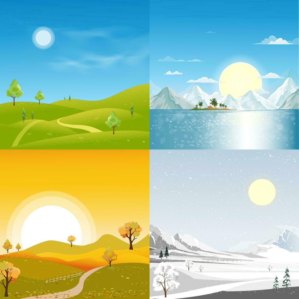 cuatro estaciones paisaje, invierno, primavera, verano y otoño o caída, vector ilustración panorámico bandera de todas estaciones naturaleza con montaña, bosque, árbol, parque y mar playa fiesta antecedentes