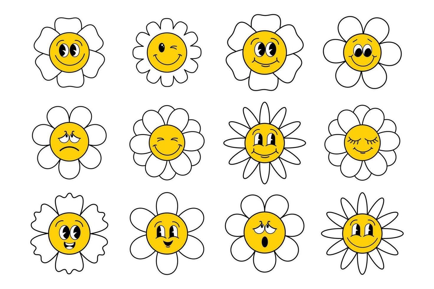 conjunto de maravilloso flores un dibujos animados flores con rostro. iconos, pegatinas, vector