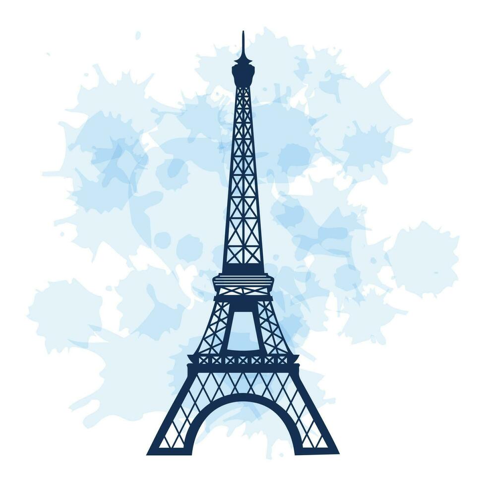 French Eiffel Tower on the background of watercolor stains, blots. Illustration, vector