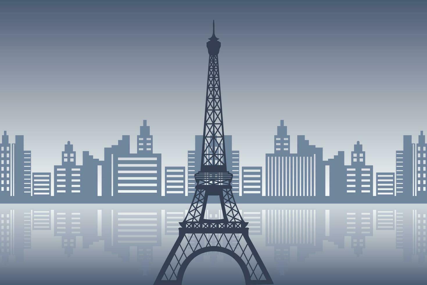 French Eiffel Tower on the background of urban architecture and the river. Illustration, print, vector