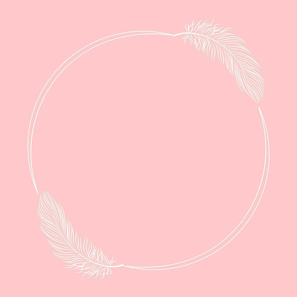 White luxury frame with bird feathers on a pink background. Design for invitations, cards, vector