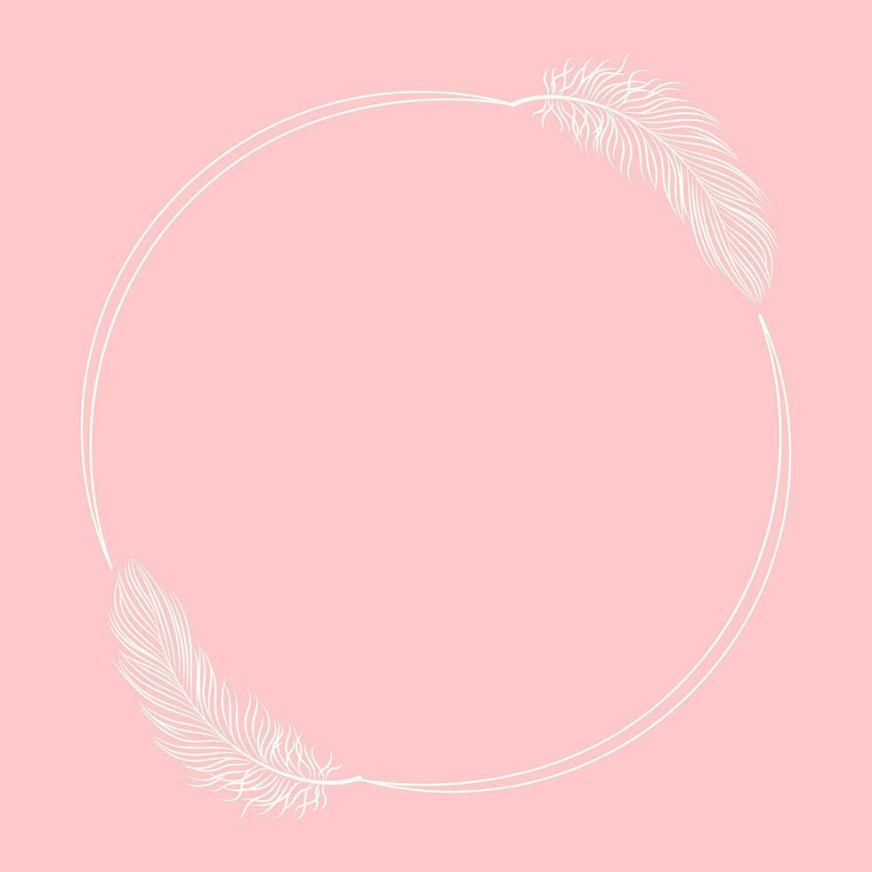 White luxury frame with bird feathers on a pink background. Design for invitations, cards, vector