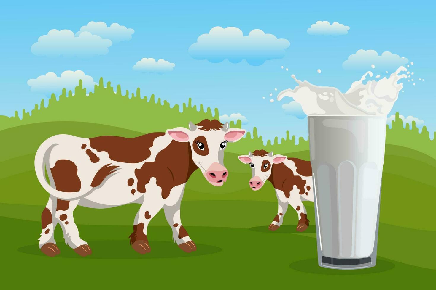Spotted cows in the meadow and a glass with milk splash, landscape. Poster, banner, illustration, vector