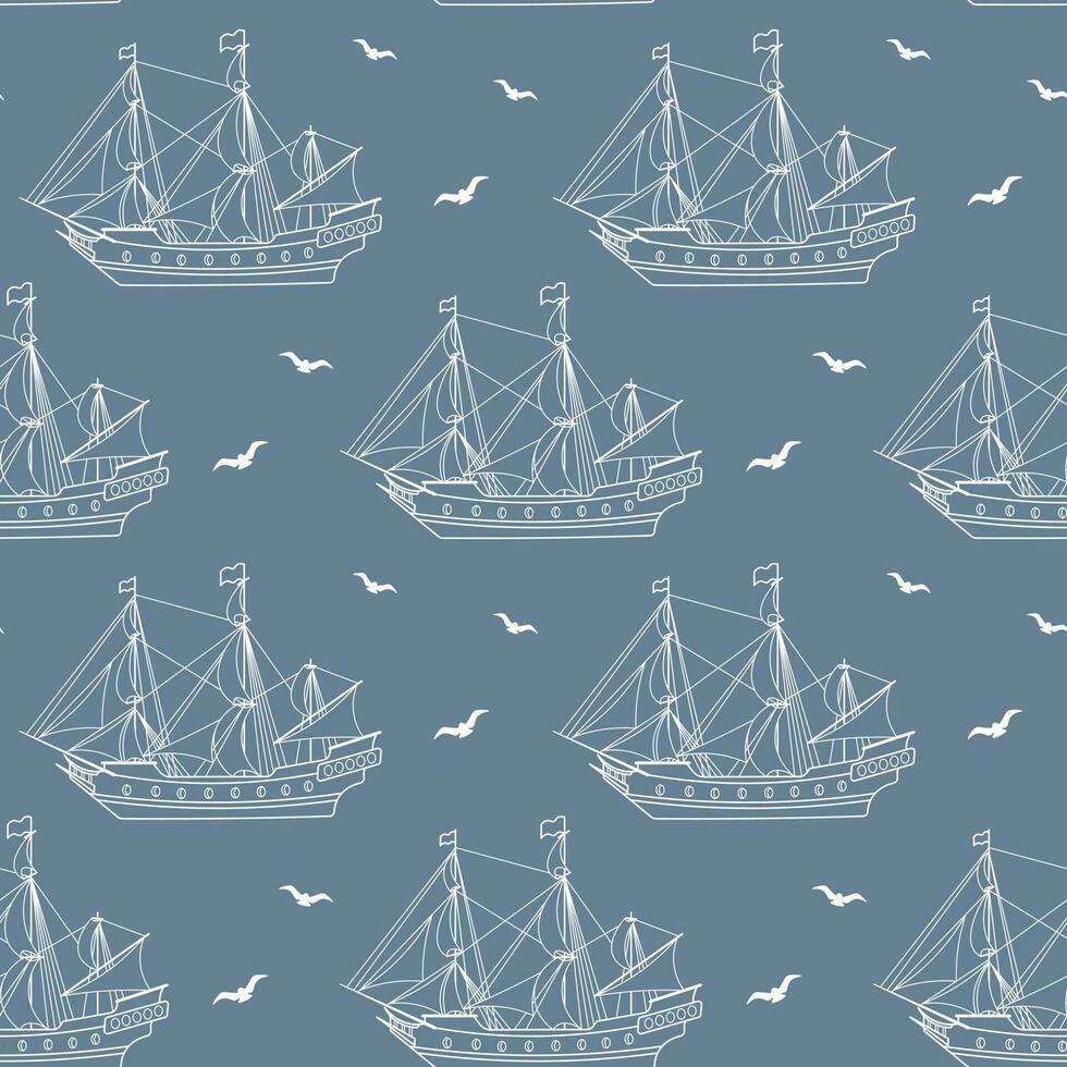 Seamless pattern, white sea ship, frigate, caravel with seagulls on a blue background. Marine background, line art, vector