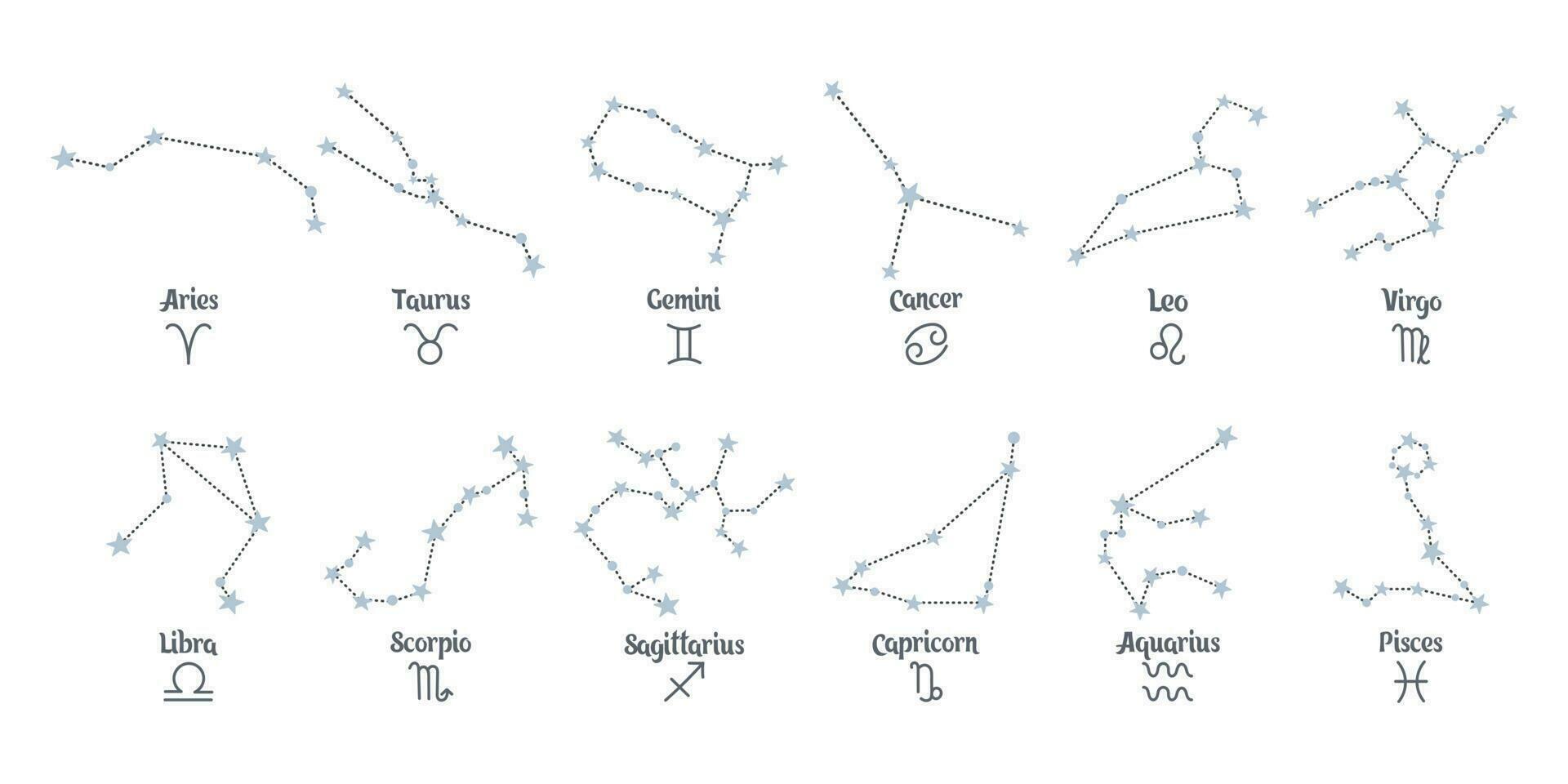 Set of zodiac constellations signs in doodle style with blue stars. Pastel colors. Icons, templates, vector