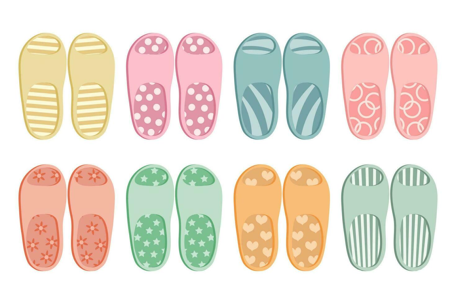 A set of colorful rubber flip flops in different colors. Illustration of summer shoes, top view of slippers. Pool shoes. Flat design. Icons, vector