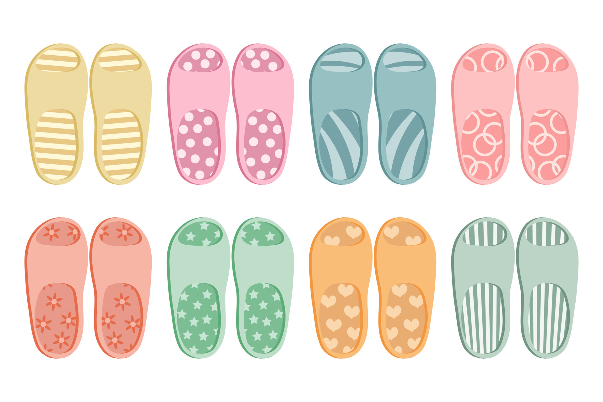 A set of colorful rubber flip flops in different colors. Illustration of