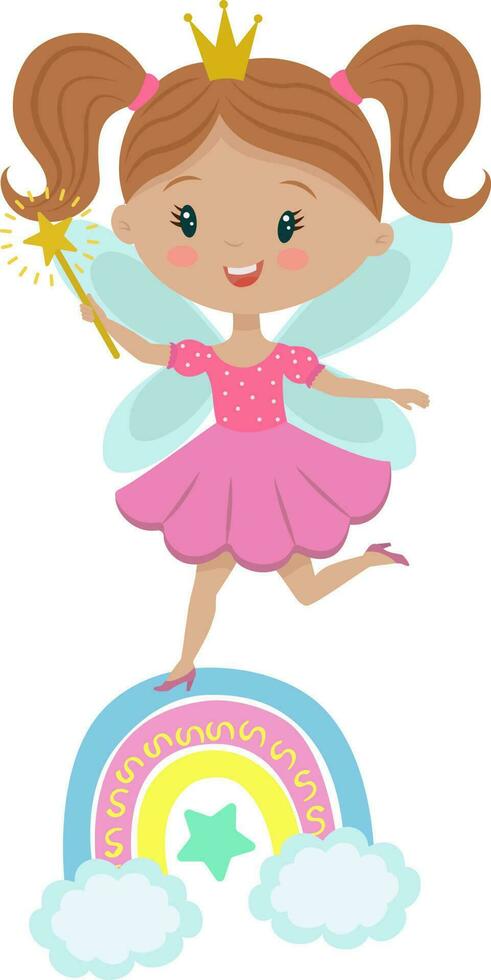 A cute little fairy with a crown and wings runs across the rainbow. Funny cartoon character tooth fairy in a pink dress and with a magic wand. Stock vector illustration isolated on a white background