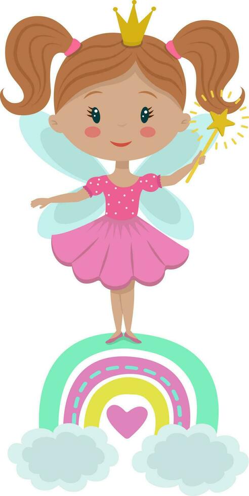 A cute little fairy in a crown and with wings stands on a rainbow. Funny cartoon character tooth fairy in a pink dress and with a magic wand. Stock vector illustration isolated on a white background