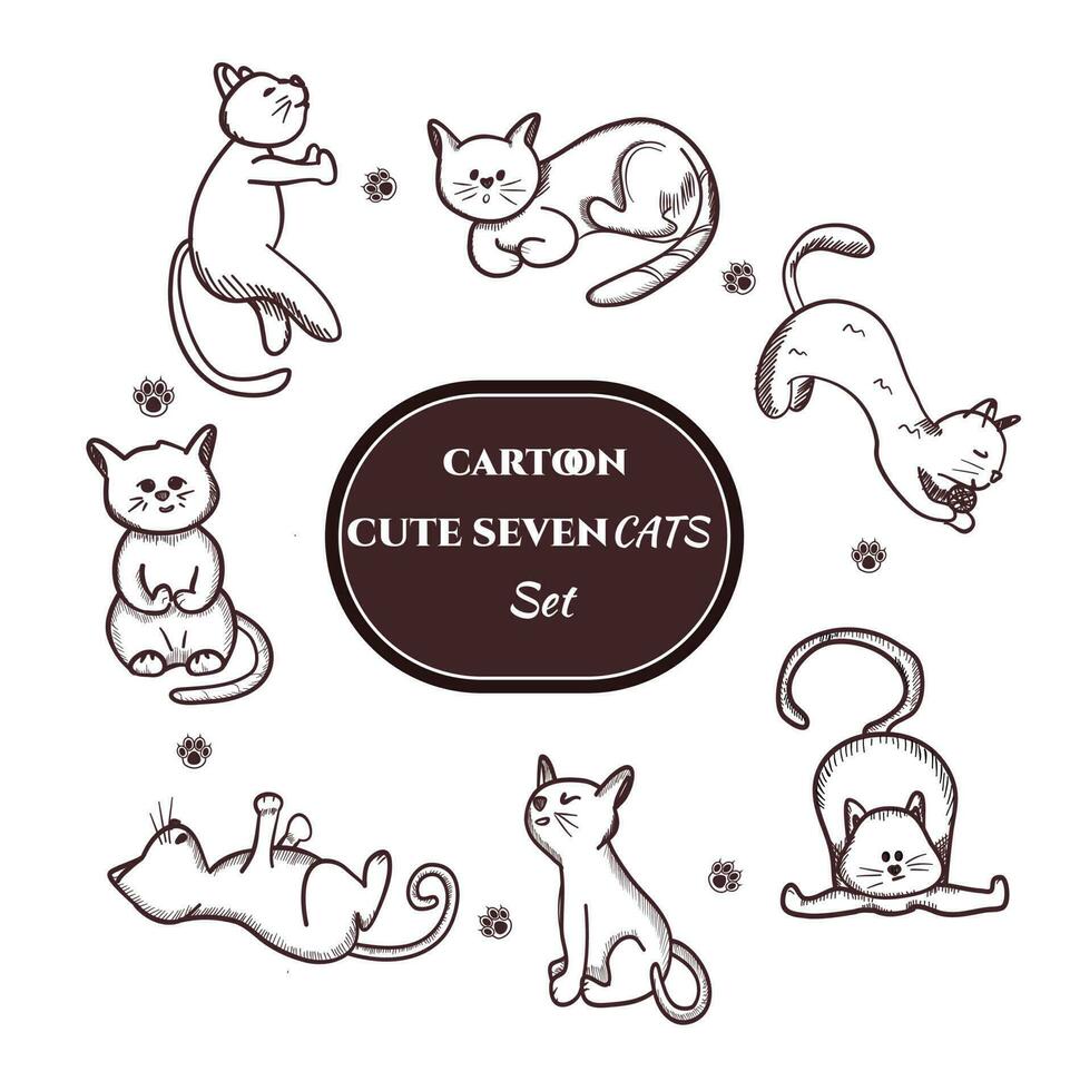 vector illustration, set of cute 7 hand drawn cats, line art style, brown  and white on isolated white background