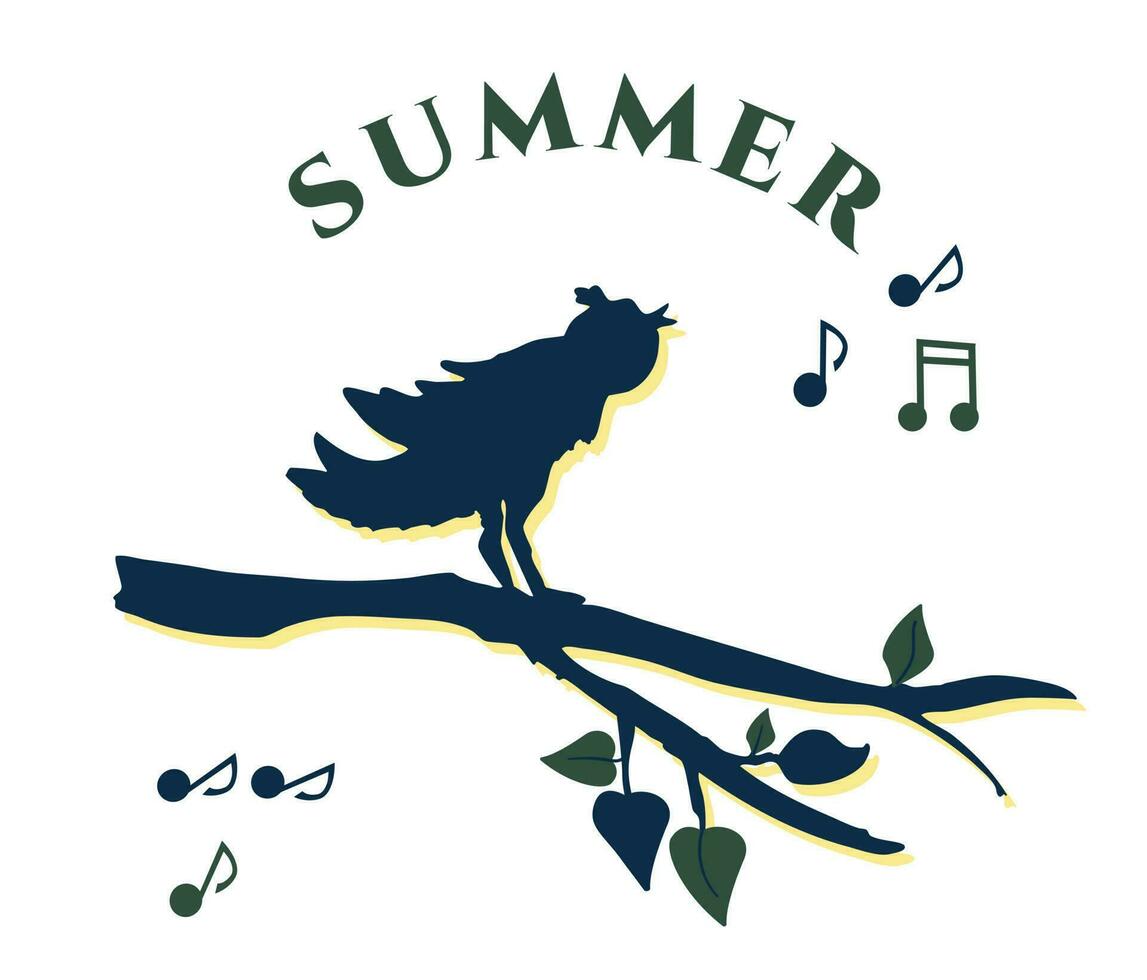 Summer, vector illustration, bird singing and sitting on a branch with green leaves, dark blue color monochrome,musical notes on isolated white background.