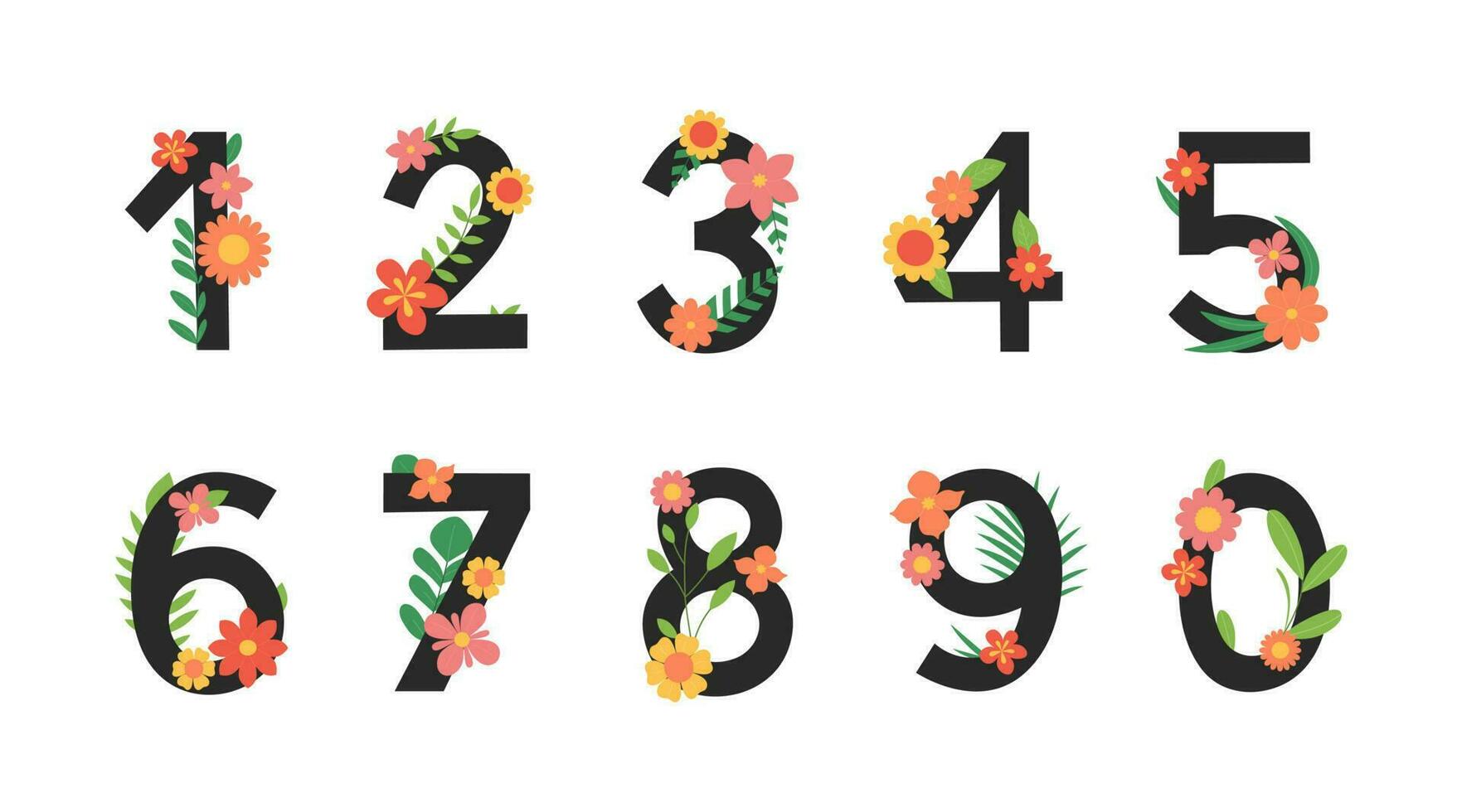 Floral numbers. Digit set with flowers, leaves and branches. Colorful font. Vector flat illustration isolated on white