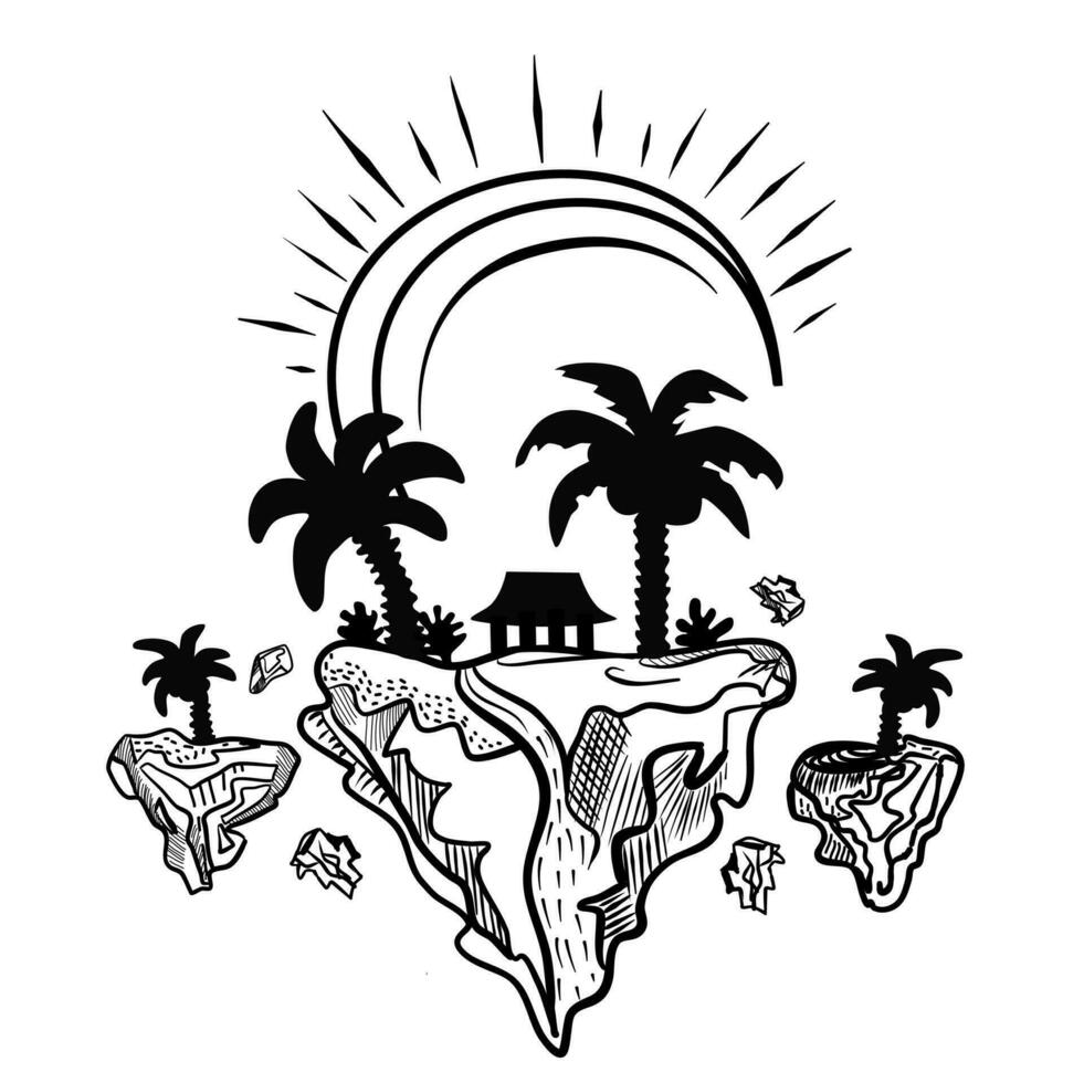 Vector illustration, logo flying islands with palms, sun, building in black and white on isolated white background