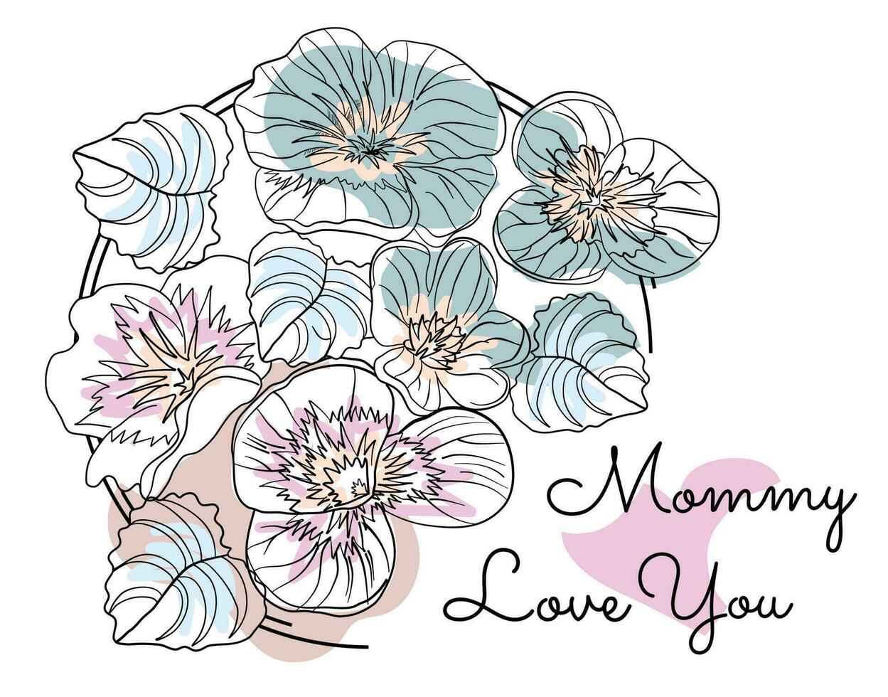 cute hand drawn vector illustration of violets Mommy Love line style black and white color with colored elements design