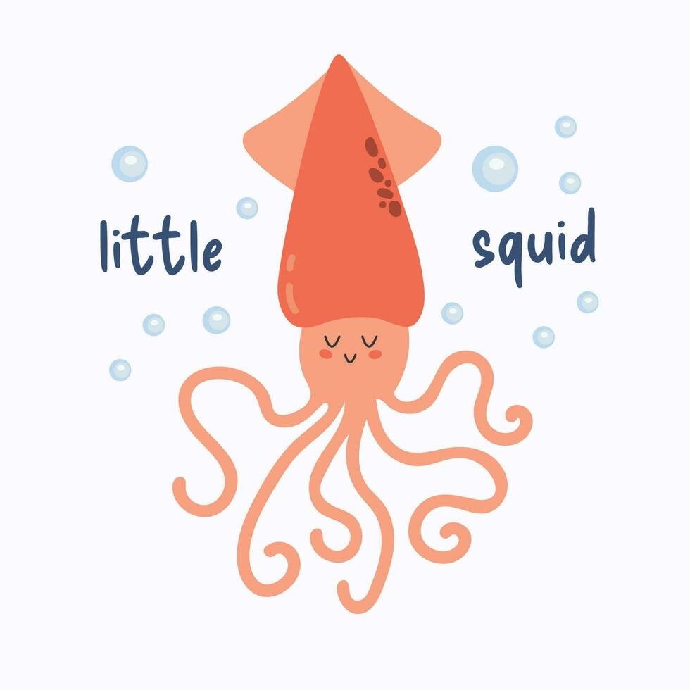 Cute squid. Vector illustration of a funny squid. Sea animal. Children's illustration in cartoon style. Little squid.