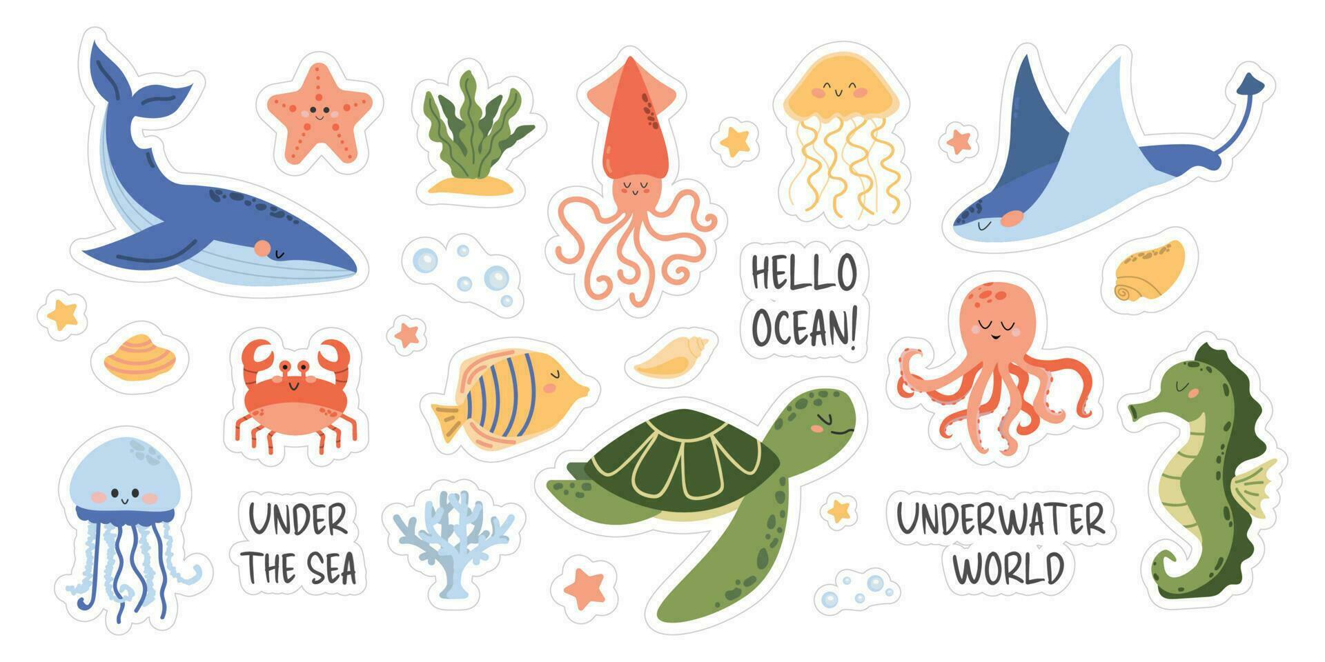 A Set of Sea Animals Stickers. Cute whale, squid, octopus, stingray, jellyfish, fish, crab, seahorse. Algae and sea shells. Underwater life. Fish and wild sea animals isolated on white background. vector