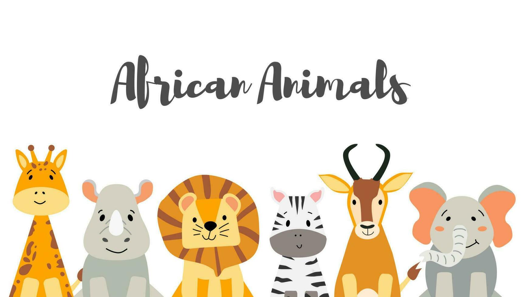 Vector banner with cute African animals.  Zebra, elephant, lion, giraffe, antelope and rhinoceros in a flat cartoon style. Beautiful children's background. Zoo poster.