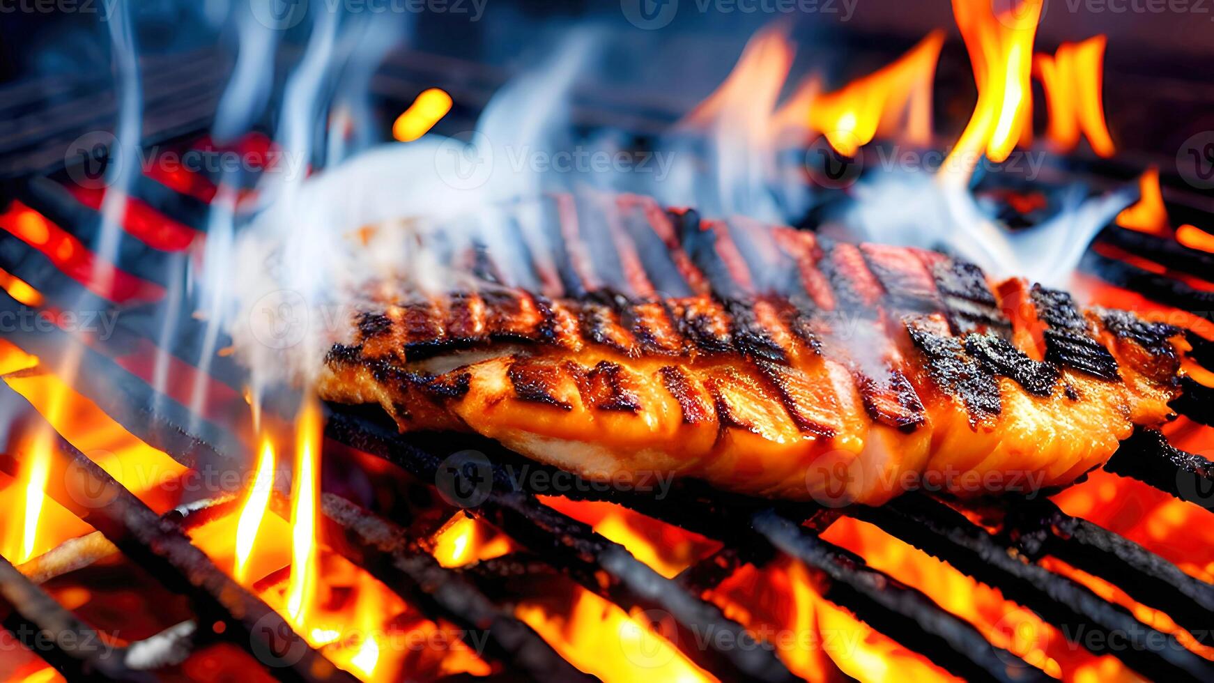 Grilled fish salmon steak on the grill, close-up. . photo