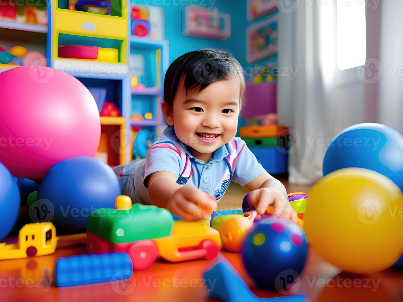 happy kid playing a toys in kid room. . photo