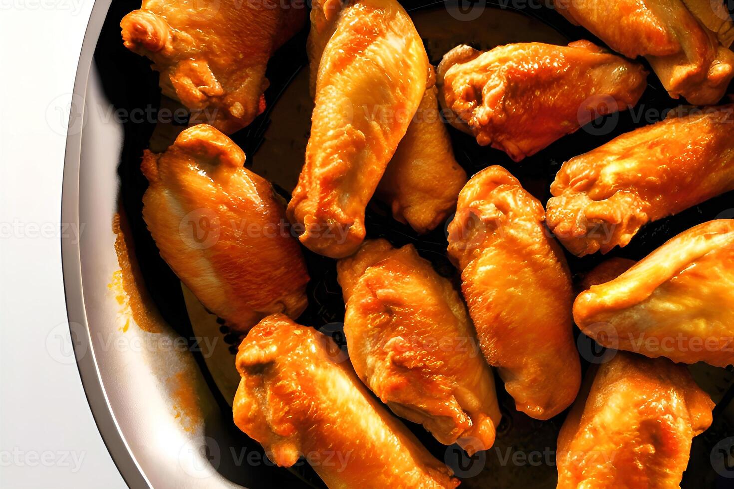 Baked chicken wings in a frying pan. Close-up. photo