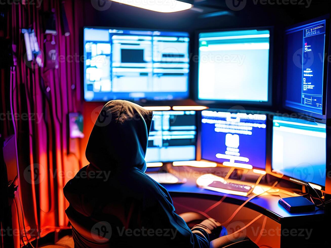 unrecognizable male hacker in dark neon room. photo