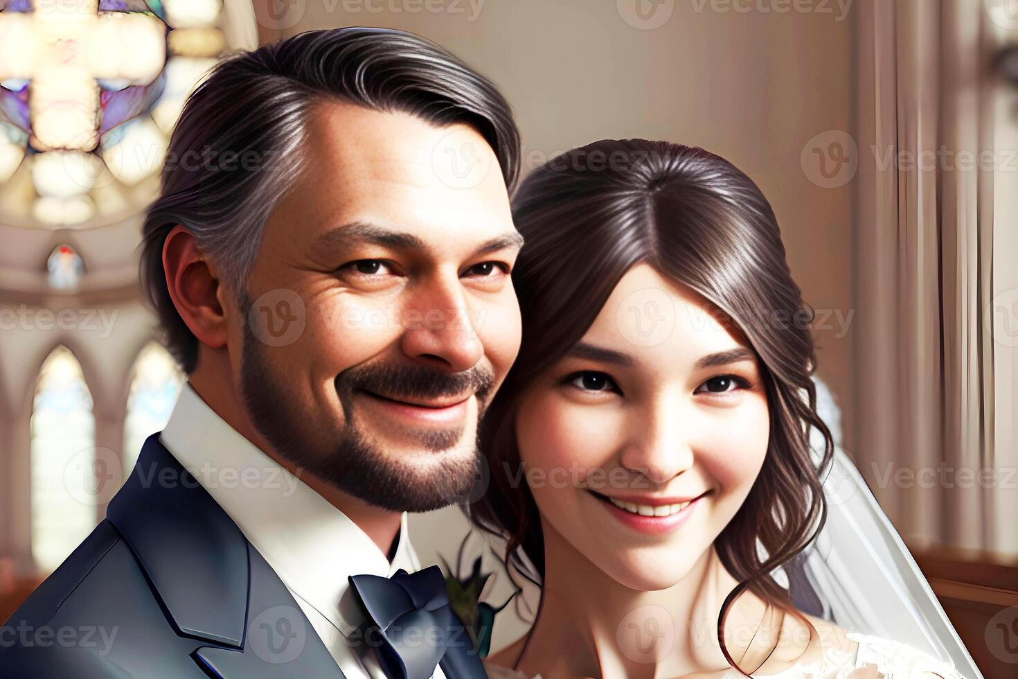 Portrait of happy bride and groom in church. Wedding concept. photo